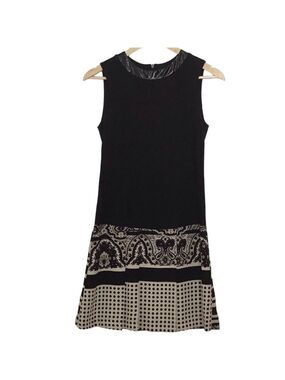 Tenax pleated BLACK ECRU classic retro dress sleeveless round neck stretchy 42